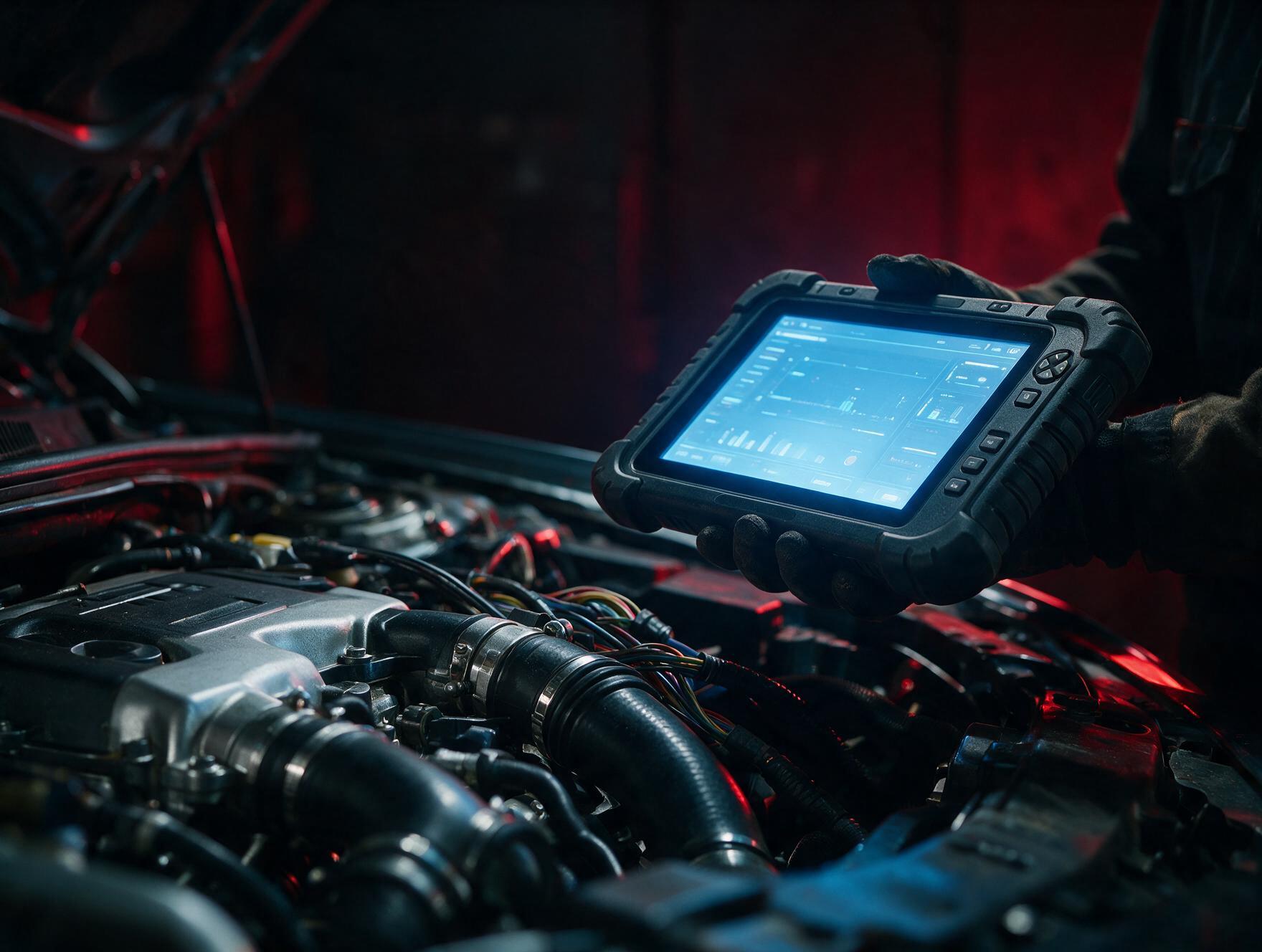 Mecánico usando scanner de diagnóstico sobre el motor de una unidad